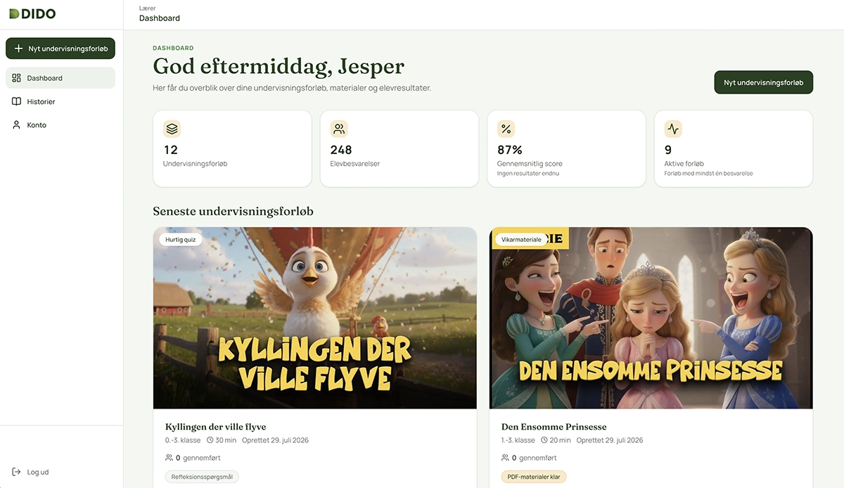 Didos lærerdashboard med overblik over undervisningsforløb, elevresultater og materialer
